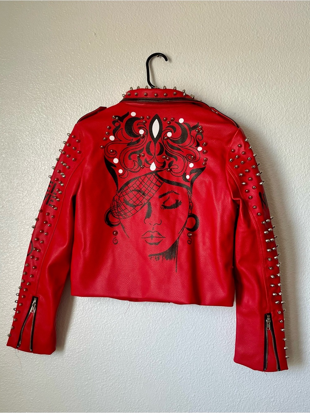 Studded Red Leather Biker Jacket with Belt - Women's Fashion - Picture 10 of 16